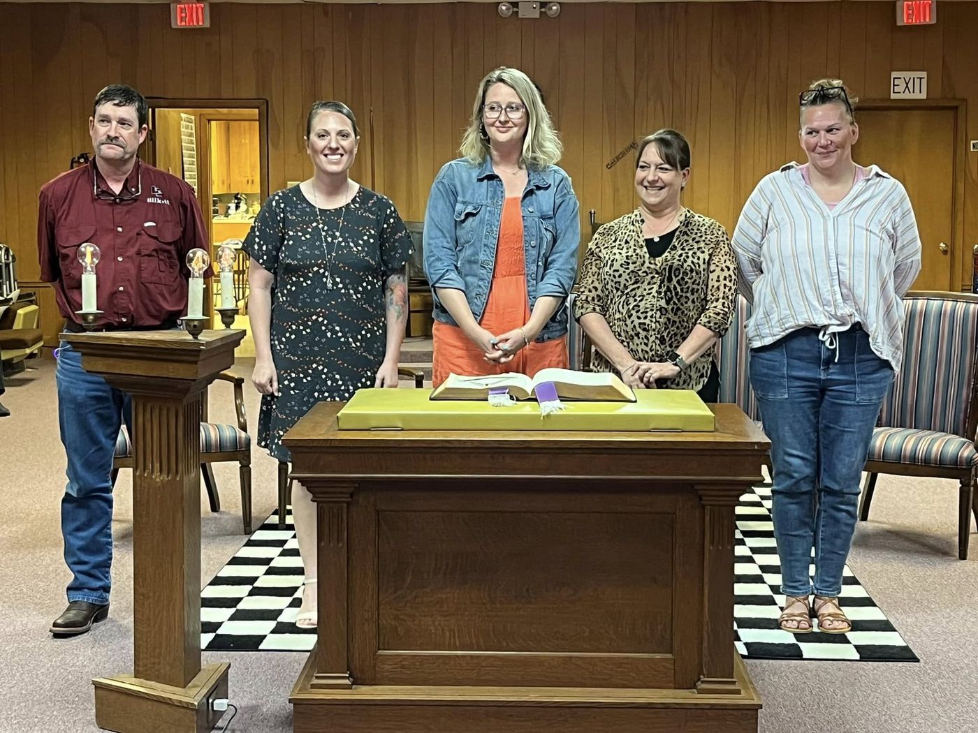 Five Lamar Medal recipients stand together in the lodge room